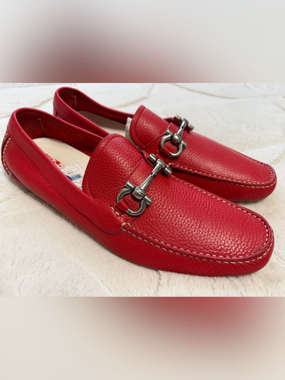 LIKE NEW! $850 Ferragamo Red Leather Gancini Parigi Bit Driving Loafers 11.5